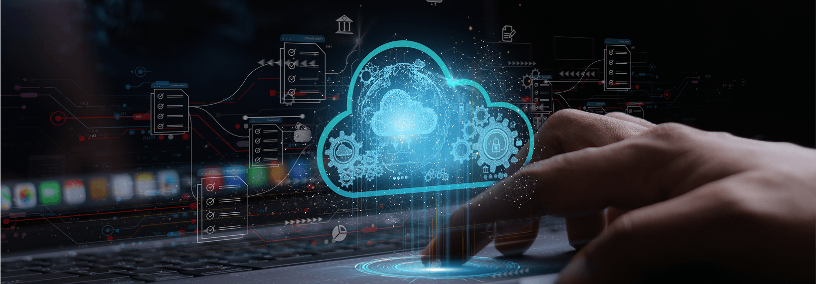 Digital cloud infrastructure visualization with glowing blue cloud icon