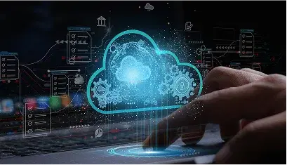 Digital cloud infrastructure visualization with glowing blue cloud icon